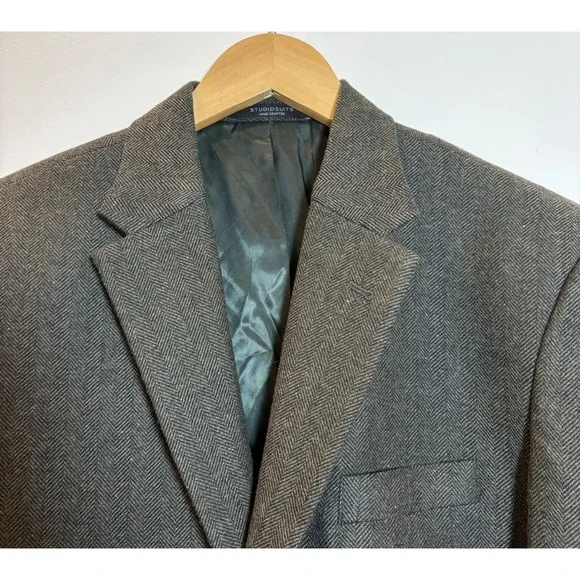 StudioSuits Herringbone Tweed Blazer Wool Sport Coat Custom Tailored Olive Brown